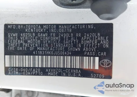 2018 Toyota Camry Hybrid Le from USA, damaged, VIN 4T1B31HK6JU506434